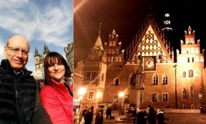 Collage mit einem Selfie von Jochen Leufen und Sarah Spitzl-Kirch. Das zweite Bild zeigt ein Haus, das von Laternenlicht beschienen wird.