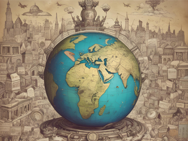 Das KI-generierte Bild zeigt einen Globus in der Mitte mit einer Art Krone drüber. Im Hintergrund sind verschiedene Illustrationen wie Gebäude, Flugzeuge oder Ufos zu sehen